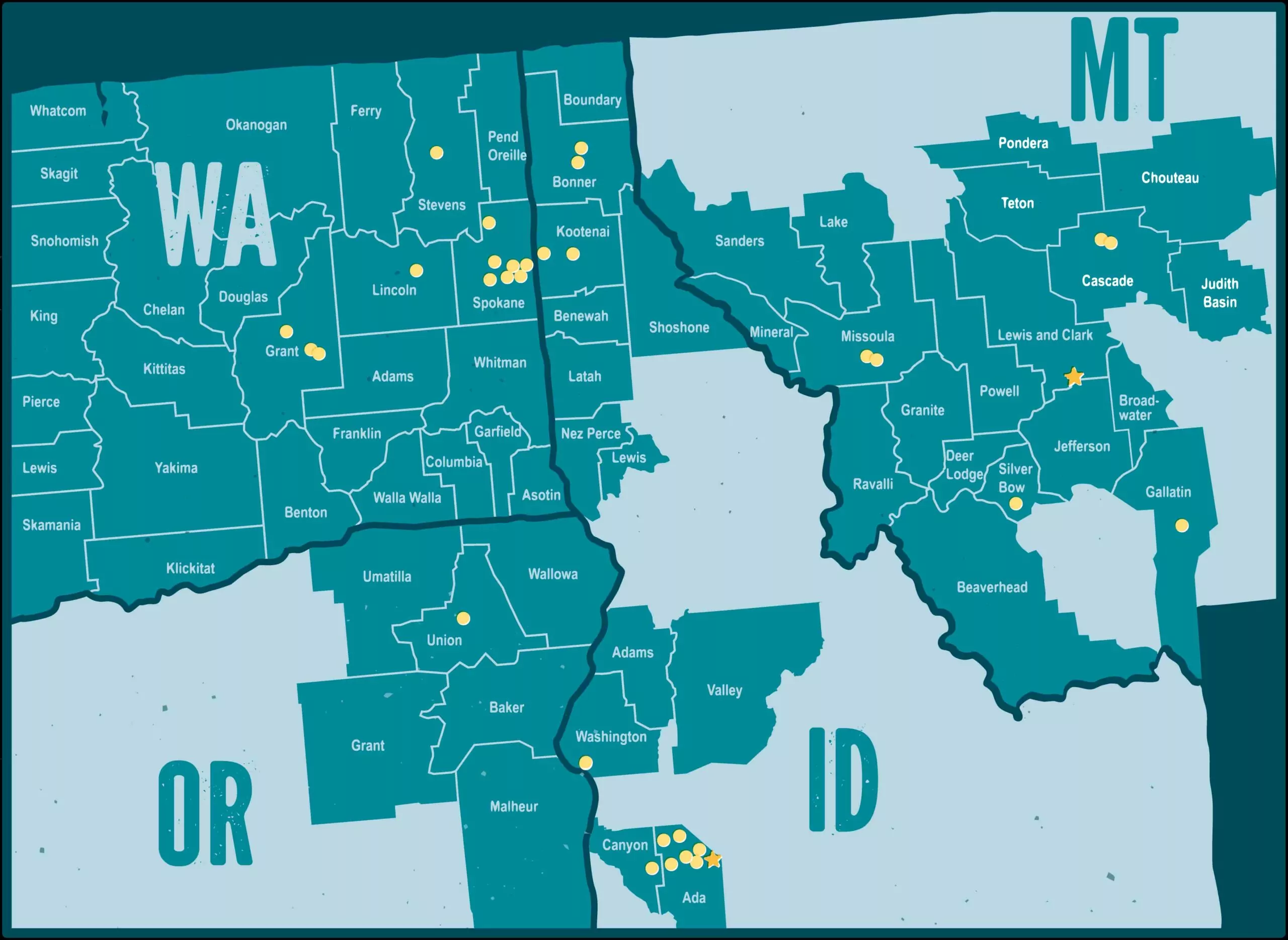 Map of WA, ID, OR and MT