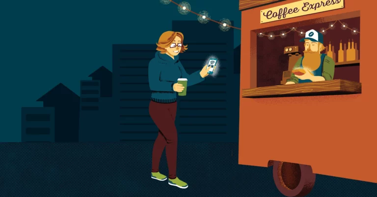 Woman pays for her coffee at a coffee truck using the digital wallet on her phone