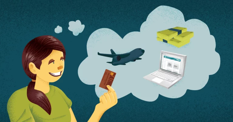 woman holding credit card dreaming of travel, cash back and a computer