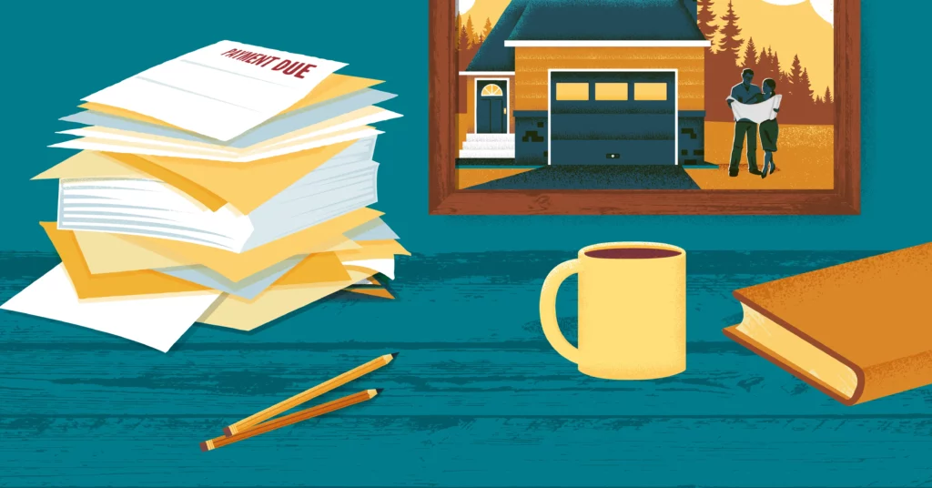 Table top with bills due, pencils and a coffee cup