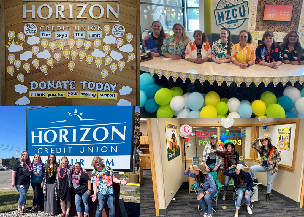 Four photos - Top left: One of Horizon's branches decorated with clouds and paper balloon donations. Top right: Horizon staff stress up and decorate for CU4Kids. Bottom left: Horizon staff dressed up to raise funds for CU4Kids. Bottom Right: Horizon staff dressed up to raise funds for CU4Kids.