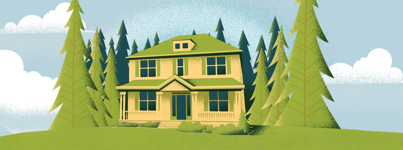 Illustration of a yellow house on a hillside.