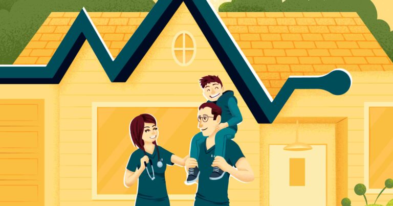 Illustration of medical professionals outside their house.