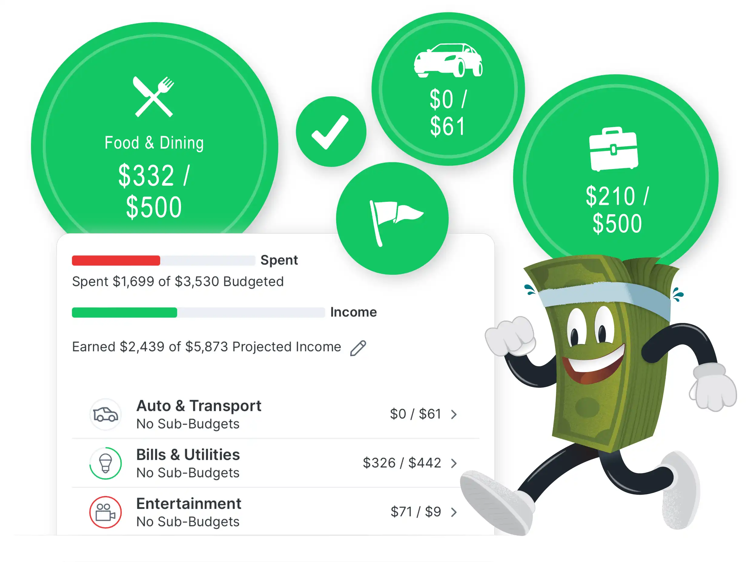 Image of various budgets in green bubbles and a mockup of a money tracker budget list with a money character running