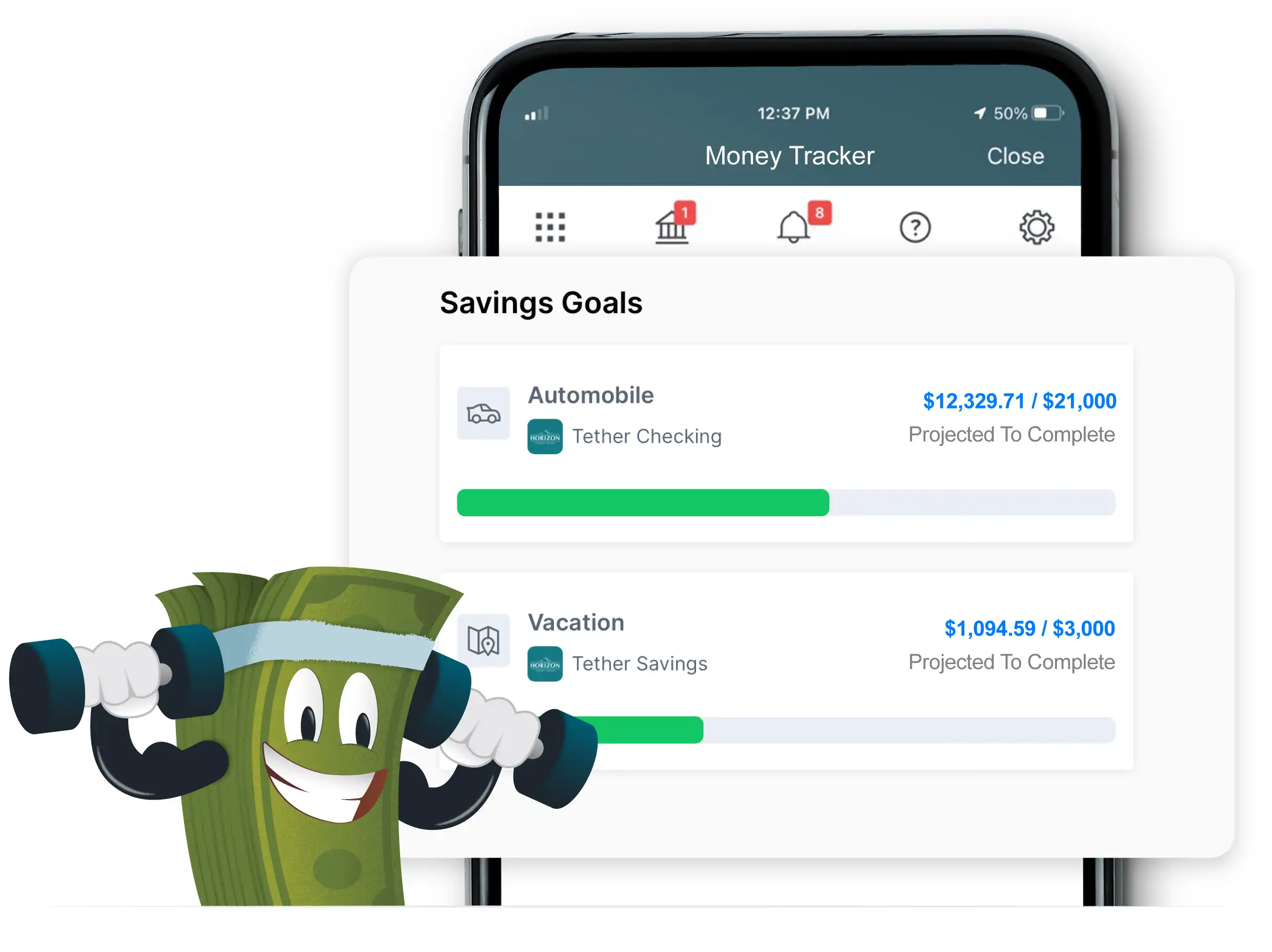 Image of money tracker goals and their progress bars with a money character lifting weights above his head.