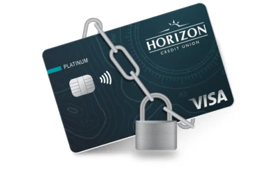 Image of a Horizon credit card protected by a chain and lock.
