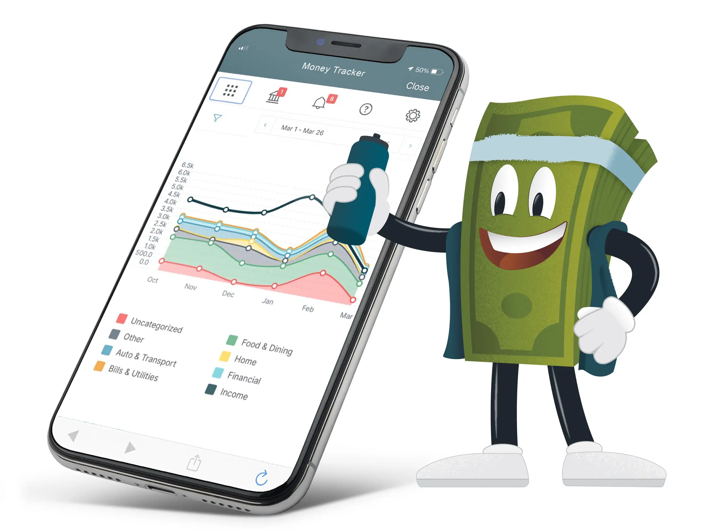 Image of a money character after his workout standing in front of a phone mockup with an image of the Money Tracker app