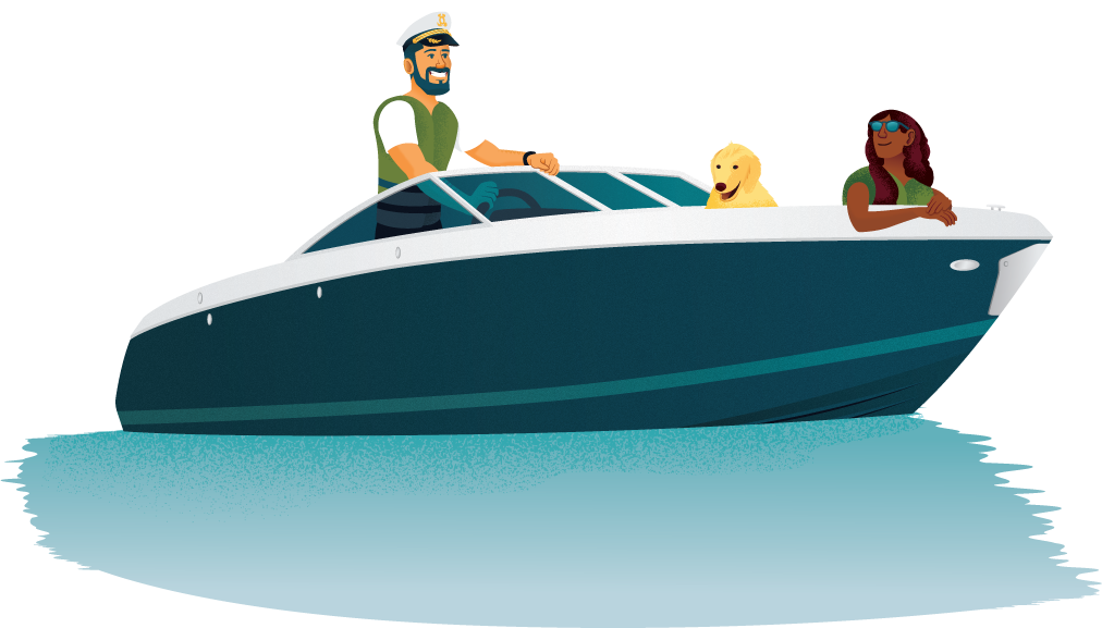 Man driving boat with wife and dog riding along