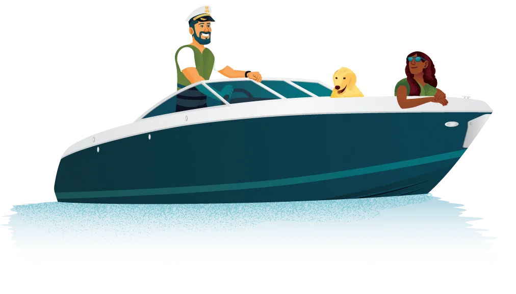 Man driving boat with wife and dog riding along