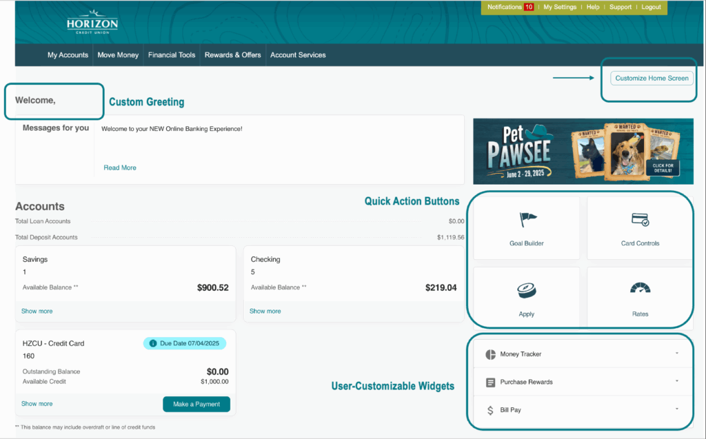 a screenshot of the new online banking showcasing the new features