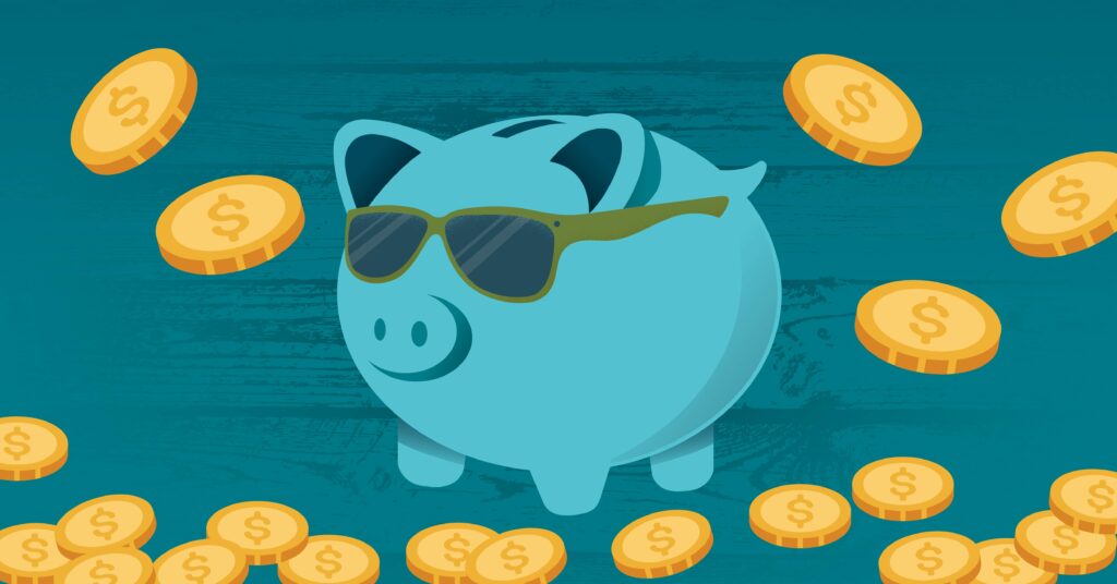 piggy bank wearing sunglasses with coins falling all around