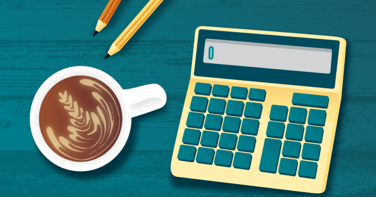 Scene of a desk where somebody is preparing to calculate the yield of their high-yield savings account. A mug of coffee, pencils, and an old style calculator.