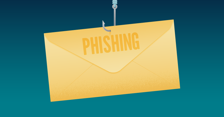 an envelope that says "phishing" suspended on a fishing hook