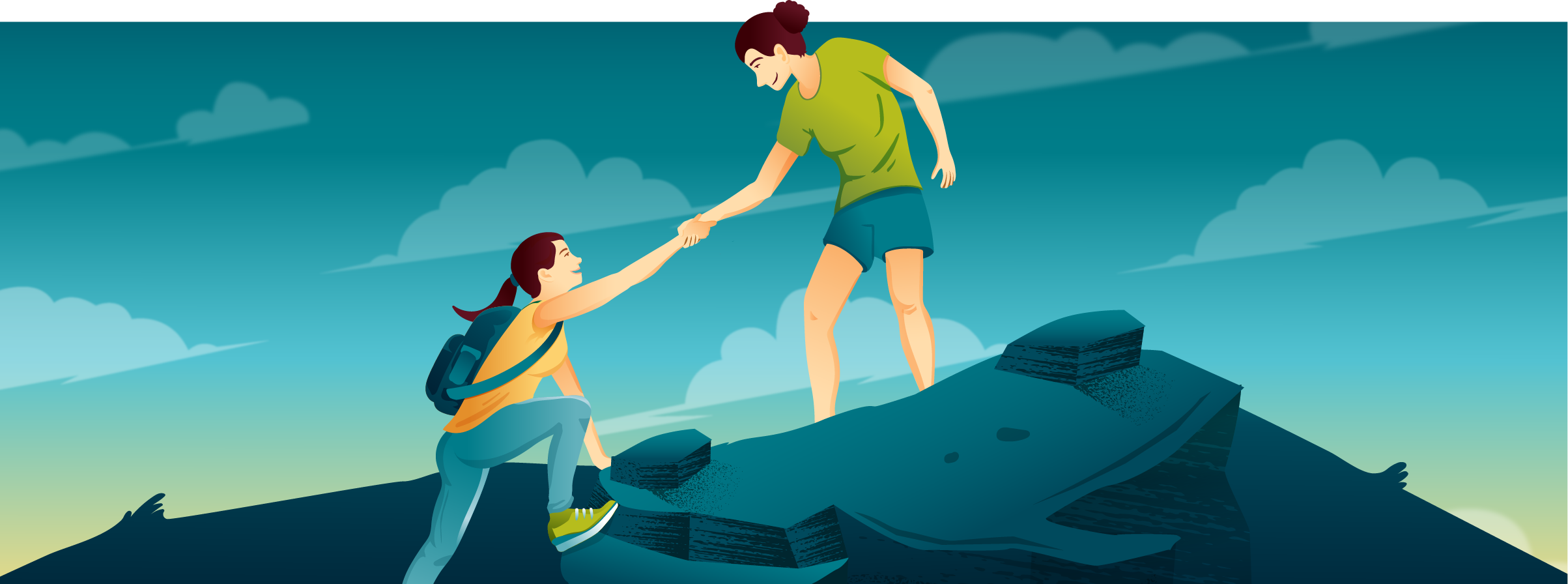 Helping pull each other up a mountain