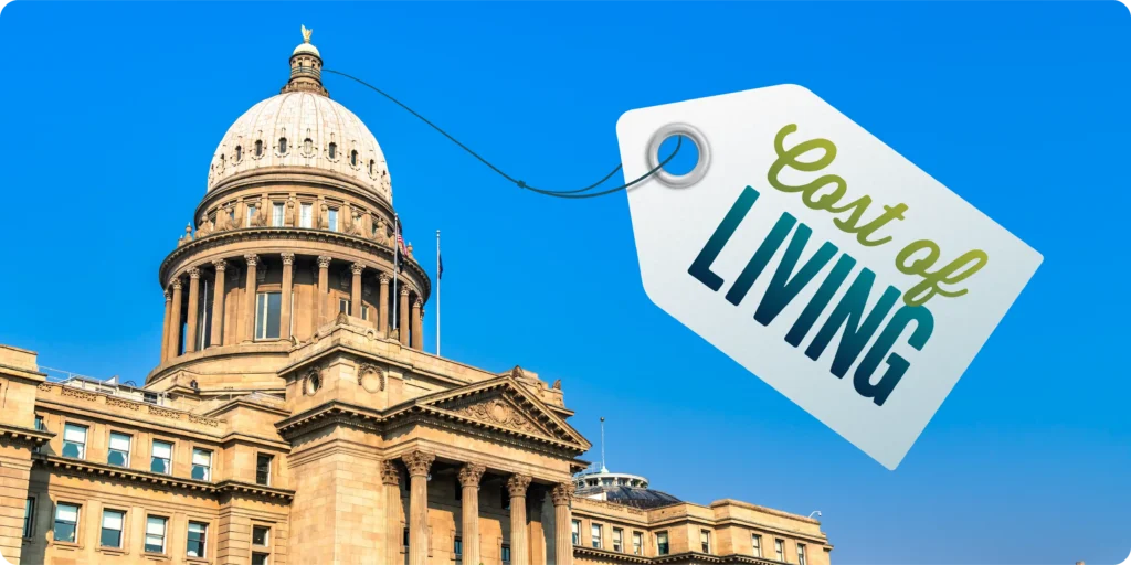 Boise's capital building with a price tag that reads "cost of living"