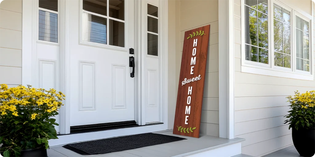 Image of the front door of a house with an illustrated home sweet home sign in front