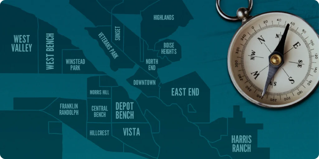 A map of boise neighborhoods and a compass